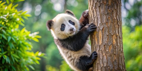 Obraz premium A curious young panda bear cub playfully climbs a tree trunk in a lush green forest environment, its adorable face peering out from behind the bark.
