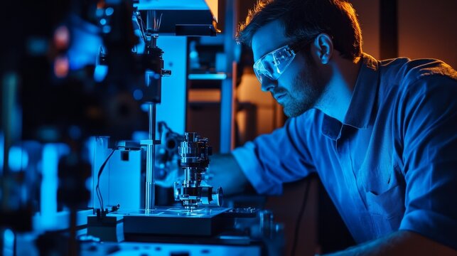 Engineer Calibrating Fiber Optic Gyroscope in Laboratory Environment