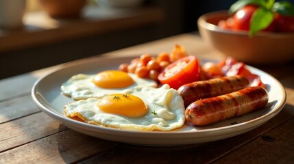 A delightful breakfast plate featuring sunny-side-up eggs, savory sausages, and baked beans, complemented by juicy tomato slices.