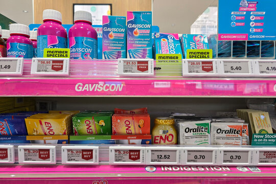 Penang, Malaysia - Mar 8, 2025: Gaviscon and Eno antacid products displayed on store shelves at Watsons Malaysia. Price tags and promotional offers are visible, highlighting discounts for customers.