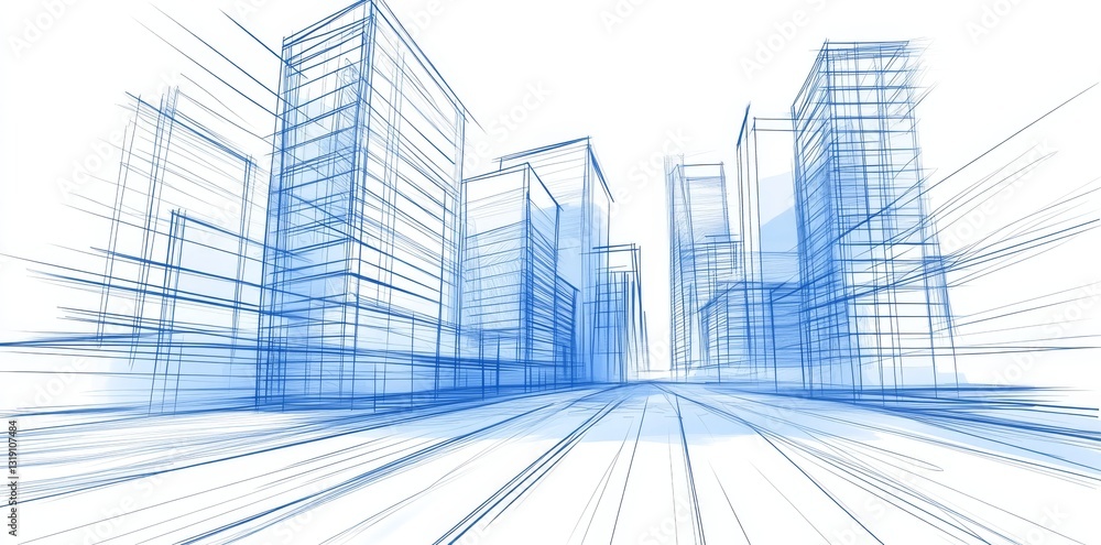 Poster modern architectural project sketch, including a draft of a high-rise building complex in an urban s