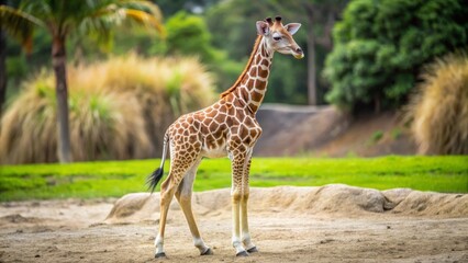 Naklejka premium A Young Giraffe Stands Gracefully in a Lush Green Meadow, Its Unique Pattern a Testament to Nature's Artistry