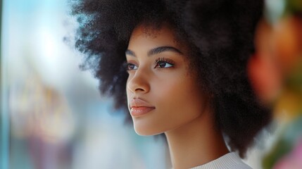 Fototapeta premium Young woman with vibrant curly hair, thoughtful expression in a colorful environment, ideal for beauty or lifestyle themes.