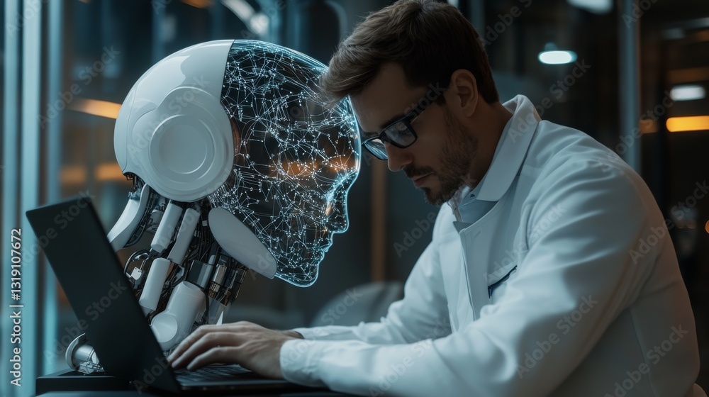 Aufkleber engineer in a sleek minimalist workspace with a robot companion