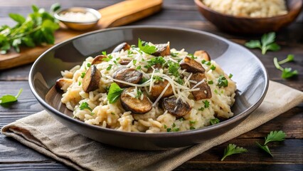 Creamy Mushroom Risotto in a Rustic Bowl, Garnished with Fresh Herbs and Parmesan Cheese