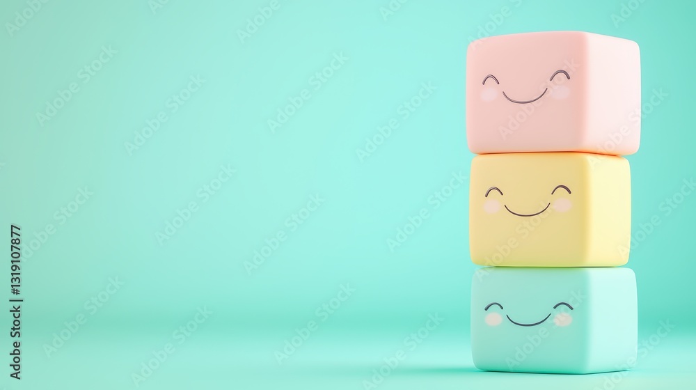 Poster a stack of colorful, smiling blocks on a soft teal background, creating a cheerful and playful atmos