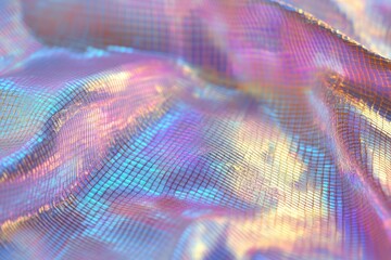 Fine holographic mesh with pixelated texture, shifting metallic cyan violet rose gold hues