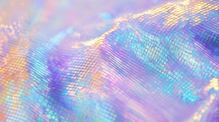 Fine holographic mesh with pixelated texture, shifting metallic cyan violet rose gold hues