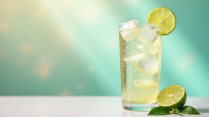 Refreshing Sparkling Citrus Beverage with Ice Cubes in a Tall Glass on a Bright Background