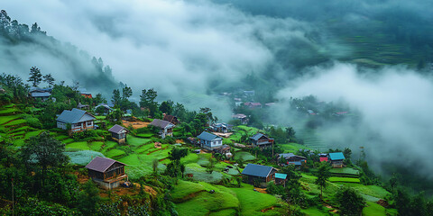 Cozy Mist-Covered Village Nestled Between Green Rolling Hills for Serene Landscape, Fairytale Charm, or Escape