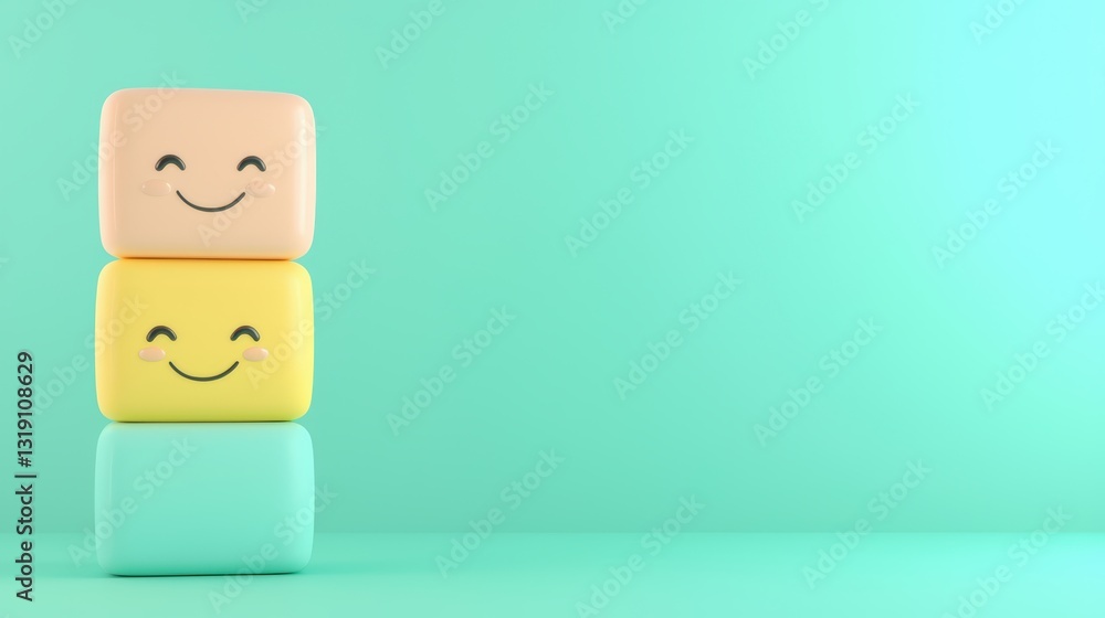 Poster colorful stacking blocks with smiling faces, arranged vertically on a soft teal background, creating