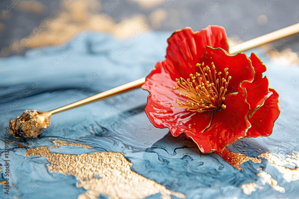 Poster harmonious composition with a red flower and gold elements .