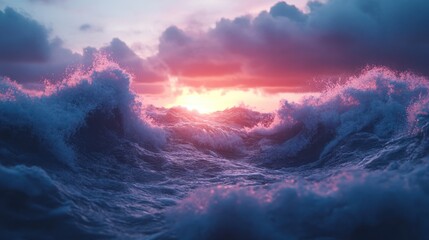 Dramatic Ocean Sunset, Powerful Waves, Colorful Sky