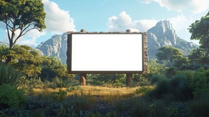 Fototapeta premium blank blackboard empty blackboard school. Blank Wooden Billboard in Lush Green Mountain Landscape