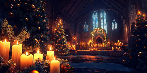 Obraz premium Cozy Christmas Eve Midnight Candlelight Service for Holiday Worship, Spiritual Reflection, or Festive Warmth