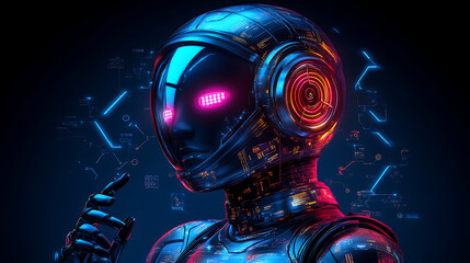 Futuristic robot head with glowing eyes and technological interface.