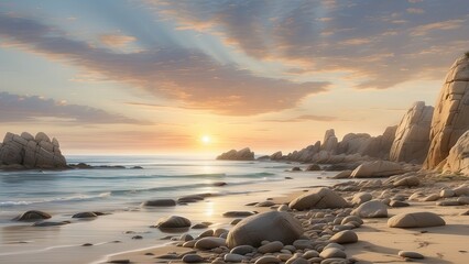 Obraz premium A wide-shot, full outdoor landscape of a rocky beach at sunset.