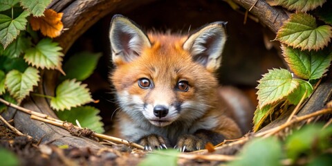 Fototapeta premium A Curious Red Fox Kit Peeking from its Woodland Burrow, Framed by Autumnal Foliage