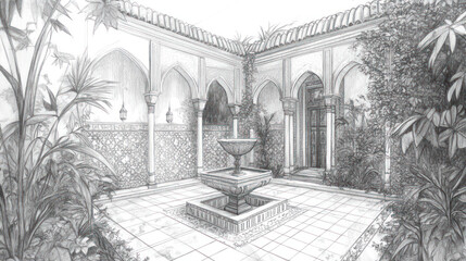 A serene courtyard with a central fountain surrounded by lush greenery, intricate tile work, and arched doorways, evoking tranquility and cultural richness