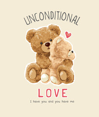 love slogan with cute bear doll parental hugging vector illustration
