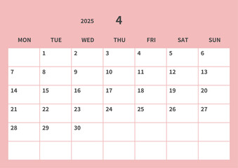 Simple pink calendar for April 2025, vector, template, printable