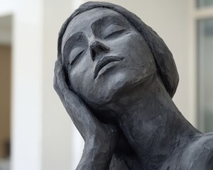 Elegant Black Sculpture of a Thoughtful Woman in Tranquil Pose
