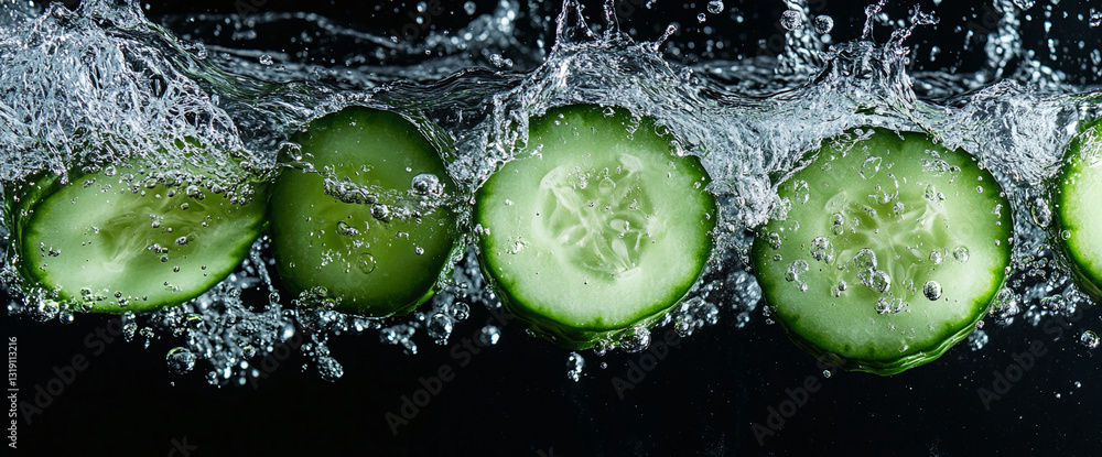 Poster green cucumber slices submerged in water, creating dynamic splashes and air bubbles, showcasing fres