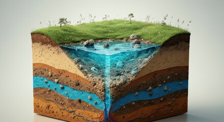 3D model of groundwater, soil layers, and cross-section aquifers showcasing water flow
