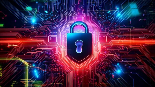 A futuristic animation of a glowing digital padlock surrounded by dynamic circuit lines, representing cybersecurity, data encryption, and digital protection against cyber threats.