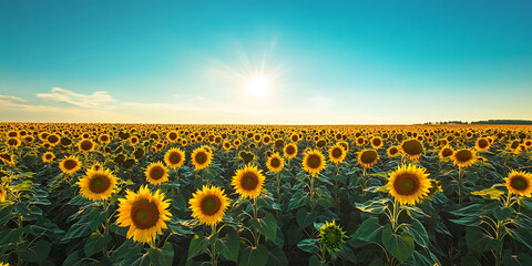 Fototapeta premium Endless Sunflower Field Swaying Under a Clear Blue Sky for a Cheerful and Vibrant Scene