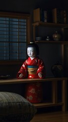 A Japanese kokeshi doll with vibrant kimono patterns and a traditional hairstyle