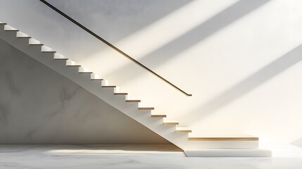 Fototapeta premium Modern staircase with sleek metal railings ascends white minimalist walls illuminated by subtle lighting, creating geometric architectural composition with clean lines and spacious text areas. 