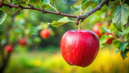 Obraz premium A ripe apple hangs from a bare tree branch, its skin a vibrant shade of red with slight green undertones, suspended in mid-air amidst lush foliage, harvest, branch