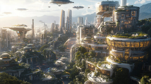 A futuristic megacity with flying cars, massive holographic displays, and vertical gardens on skyscrapers. People interact with artificial intelligence through smart glasses and neural interfaces. 