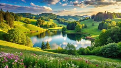 Fototapeta premium Rolling lush green hills with a calm serene lake at the bottom surrounded by trees and flowers in a peaceful atmosphere