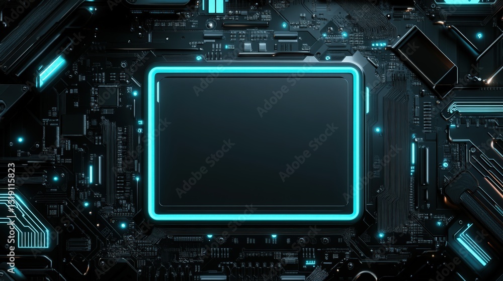 Poster futuristic circuit board background with glowing neon frame, symbolizing technology and innovation. 