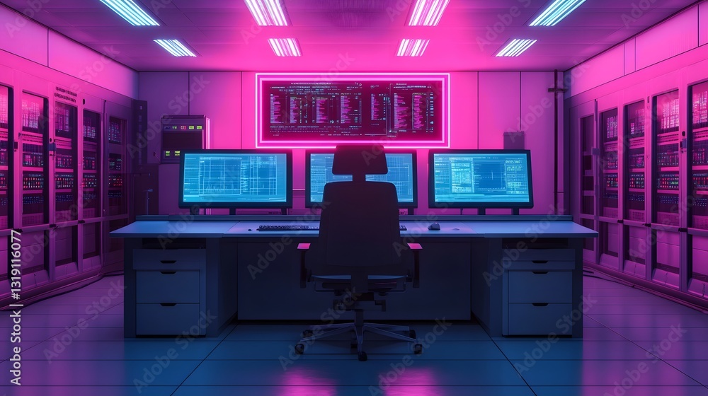 Aufkleber neon-lit high-tech control room overseeing automated food processing plant with blockchain data on t