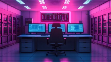 Neon-Lit High-Tech Control Room Overseeing Automated Food Processing Plant with Blockchain Data on Transparent Displays