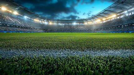 Fototapeta premium Close-Up of Soccer Field Lines with Illuminated Stadium Background
