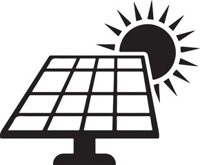 Black Solar Panel Icon with Sun Rays, Vector Illustration for Renewable Energy Concepts