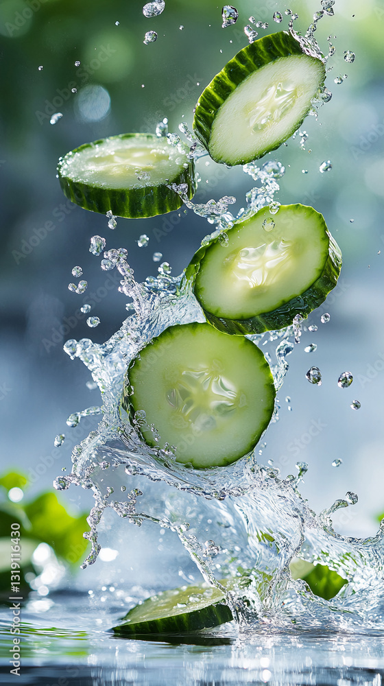 Poster cucumber slices splashing into water, creating dynamic water droplets and a refreshing visual, showc