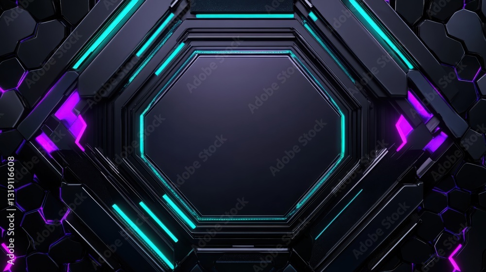 Poster sleek dark abstract background with neon octagon and hexagon pattern, symbolizing futuristic technol