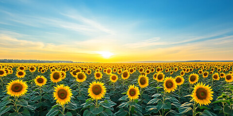 Fototapeta premium Endless Sunflower Field Swaying Under a Clear Blue Sky for a Cheerful and Vibrant Scene