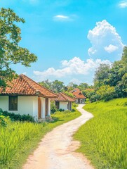 Obraz premium A scenic path lined with quaint houses and lush greenery under a bright blue sky.