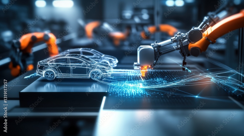 Poster automated manufacturing process utilizing robots for car production factory floor digital visualizat