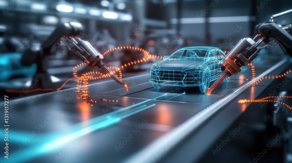 Poster automated car production process high-tech factory digital visualization industrial environment clos