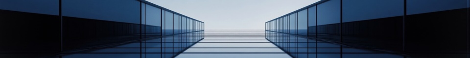 A minimalist, dark blue glass building with a symmetrical perspective, modern design for a banner, poster, or presentation