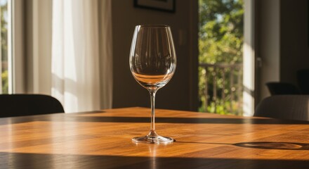 Wine Glass on Wooden Table in Soft Window Light