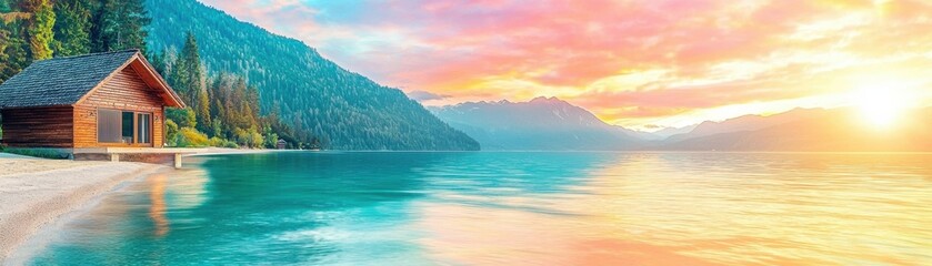 Serene lakeside cabin at sunset with vibrant colors reflecting on the water.