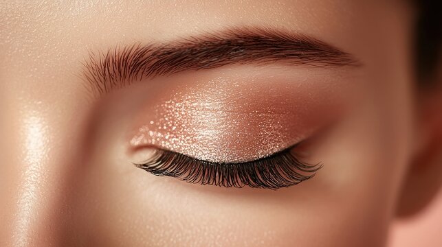 Close-up of a closed eye with shimmery eyeshadow and long lashes